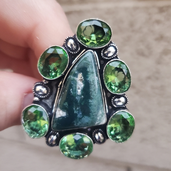 New Oversized Indian Moss Agate & Tsavorite 925 Silver Statement Ring. - Picture 3 of 16